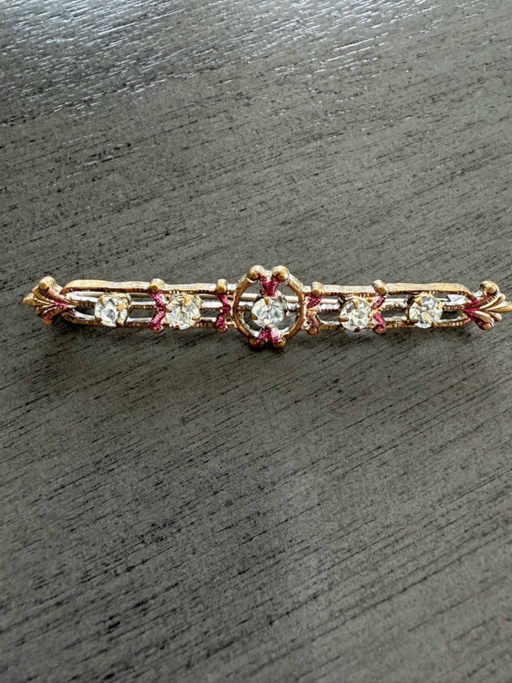 Vintage 1900’s Gold Bar Brooch Pin with Clear Rhinestones and Rose Accents